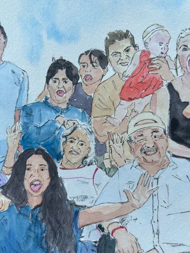 Watercolor painting of a cheerful multi-generational family group posing together.