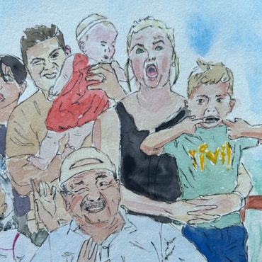 Watercolor painting of a lively family making funny faces together.