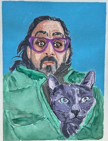 Watercolor painting of a man with purple glasses and a black cat with blue eyes.
