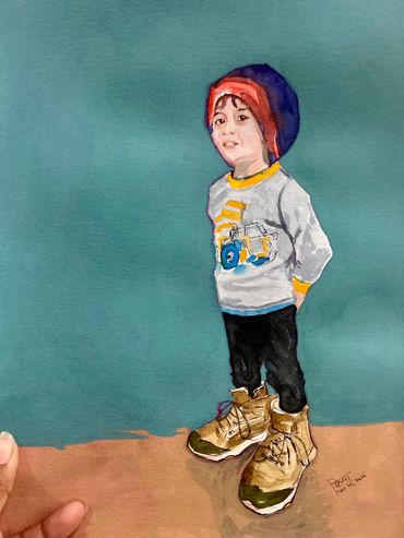 Watercolor painting of a child wearing oversized boots and a colorful hat.