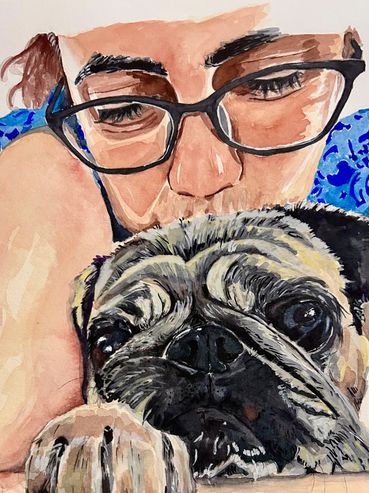 Watercolor painting of a person with glasses cuddling a pug.