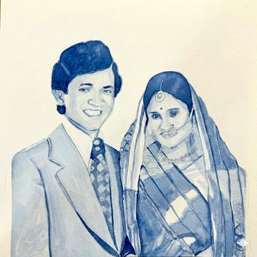 Watercolor portrait of a smiling couple in traditional and formal attire.