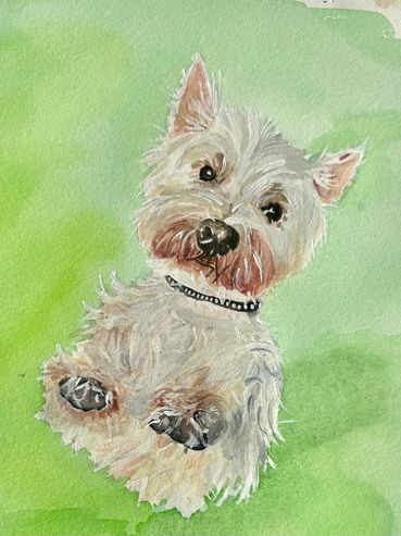 Watercolor painting of a white dog with a green background.