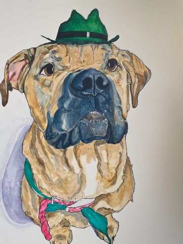 Watercolor painting of a dog wearing a green hat and a colorful scarf.