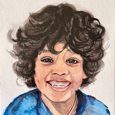 Watercolor portrait of a smiling child with curly hair and a blue shirt.