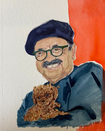 Watercolor portrait of a smiling man with glasses holding a small brown dog.