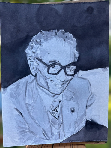 Monochrome watercolor portrait of an elderly man with glasses and a suit.