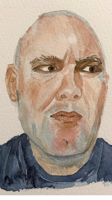 Watercolor portrait of a bald man with a contemplative expression.