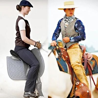 Two women dressed in equestrian and cowboy attire, sitting on saddles.