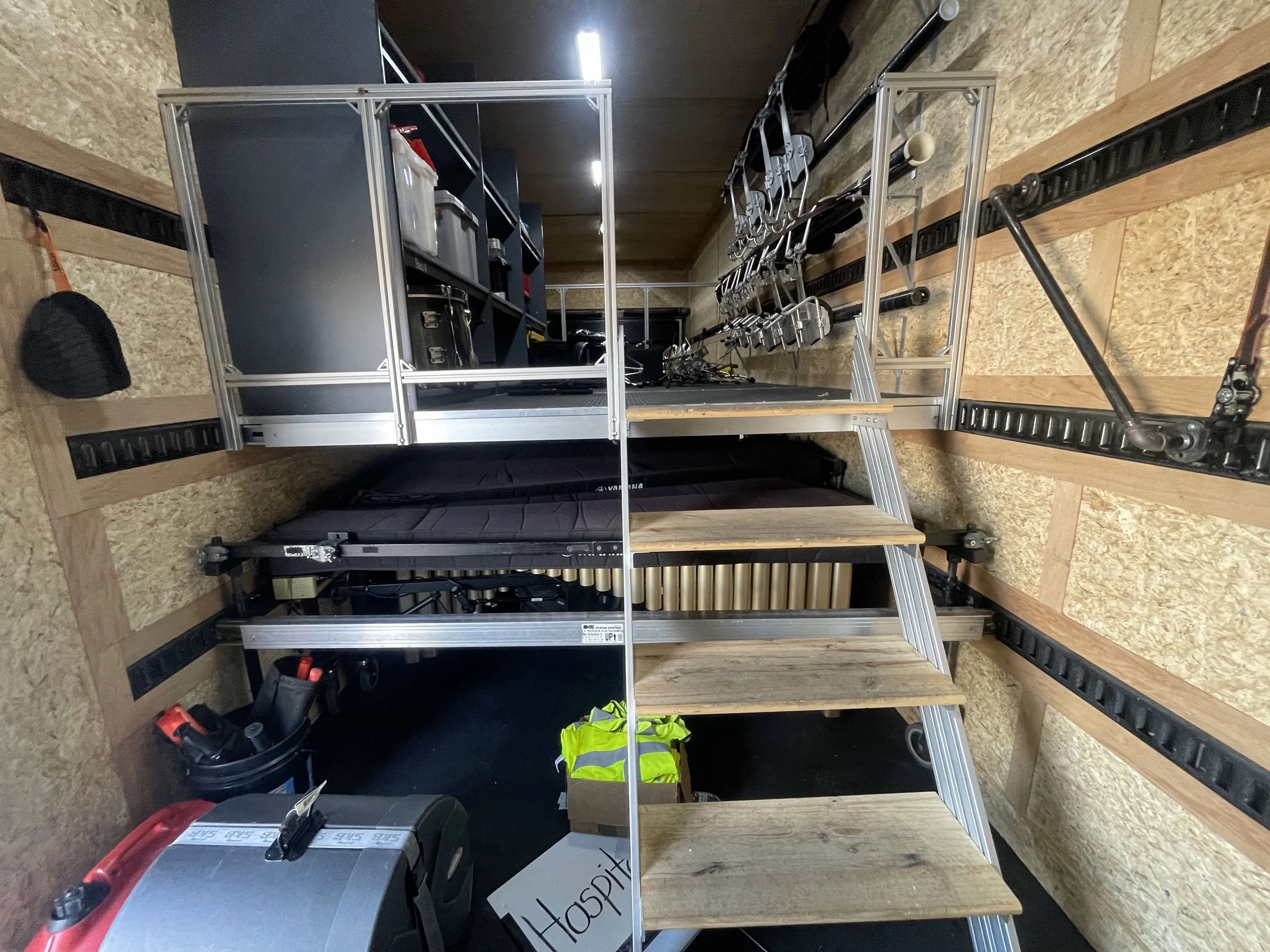 Stairs to loft.  Stairs are able to be raised on hinges.