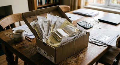 A cardboard box filled with bundled receipts on a wooden table.