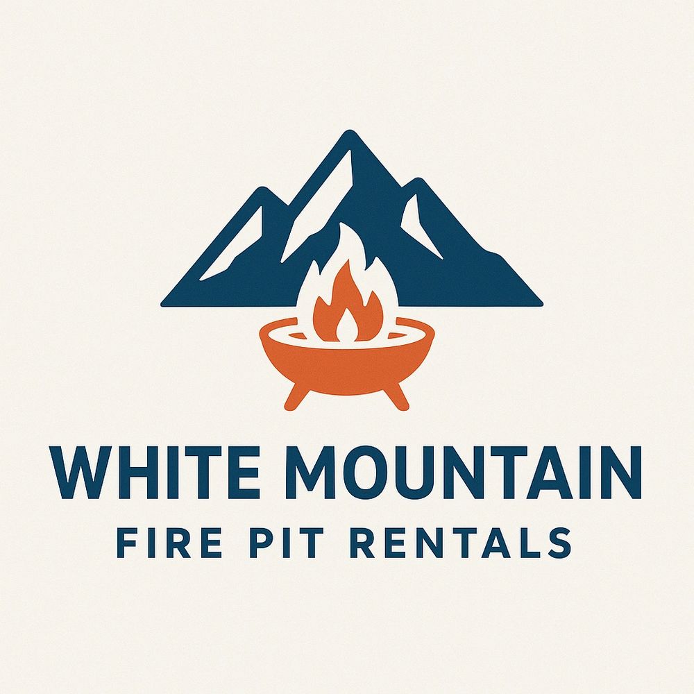 Logo featuring mountains and a fire pit for White Mountain Fire Pit Rentals.