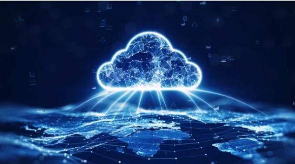 Glowing cloud icon representing global cloud computing and data networking.