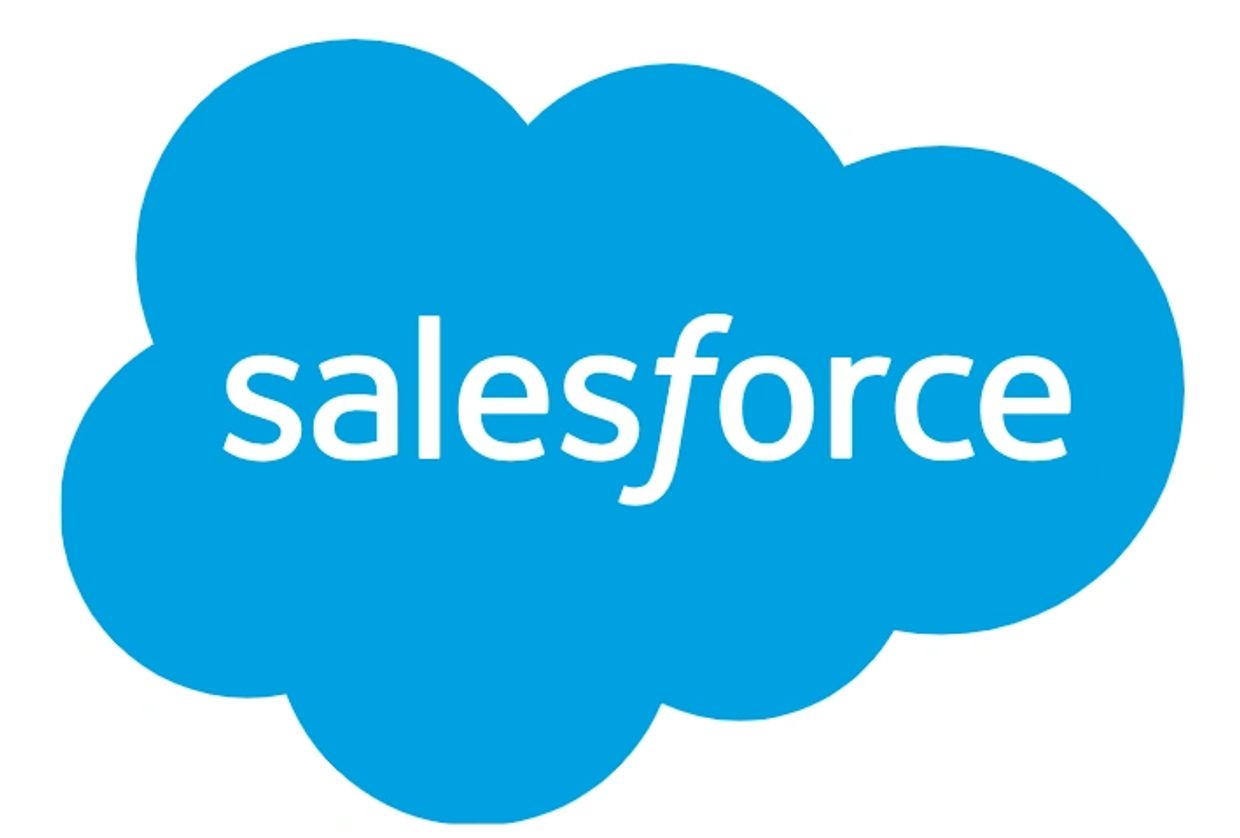 Salesforce logo in white on blue cloud shape.