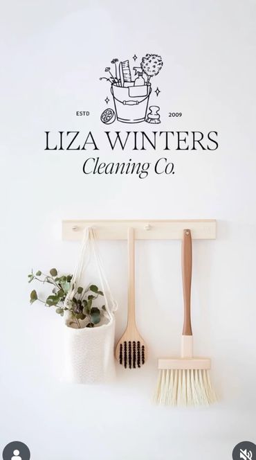 Minimalist wall decor with cleaning tools and a hanging plant under a cleaning company logo.