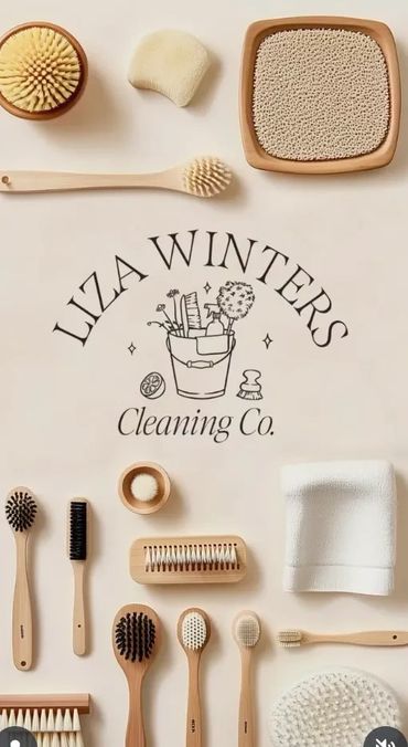 A collection of wooden cleaning brushes and cloths arranged around a cleaning company logo.