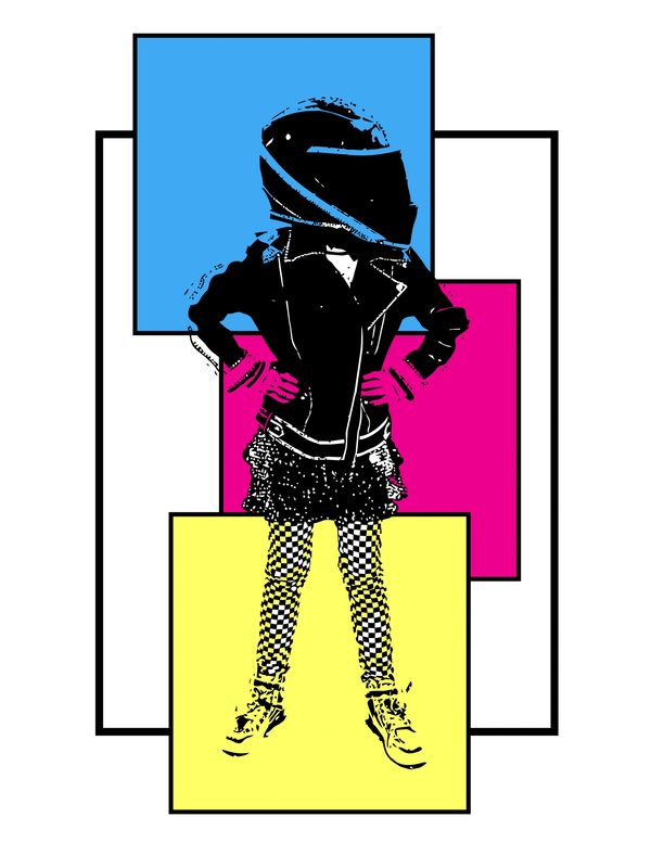 Silhouette of mascot SPARKS with boldly outlined color blocks of yellow, blue, and pink.
