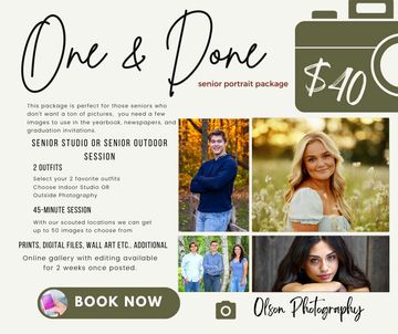 Senior portrait package ad featuring photography details and images.