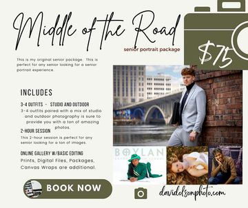 Senior portrait package offering studio and outdoor sessions with multiple outfits.