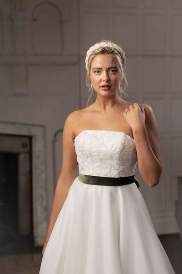 True Bride Brighton Belle Tea length wedding gown. Velevt sash Adelaide