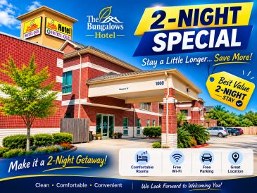The Bungalows Hotel Cedar Park 2-Night Special with savings, comfortable rooms, free Wi-Fi, free par