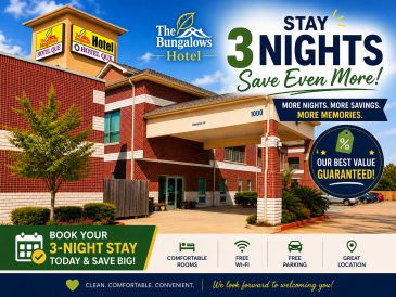 The Bungalows Hotel Cedar Park 3-Night Special with savings, comfortable rooms, free Wi-Fi, free par