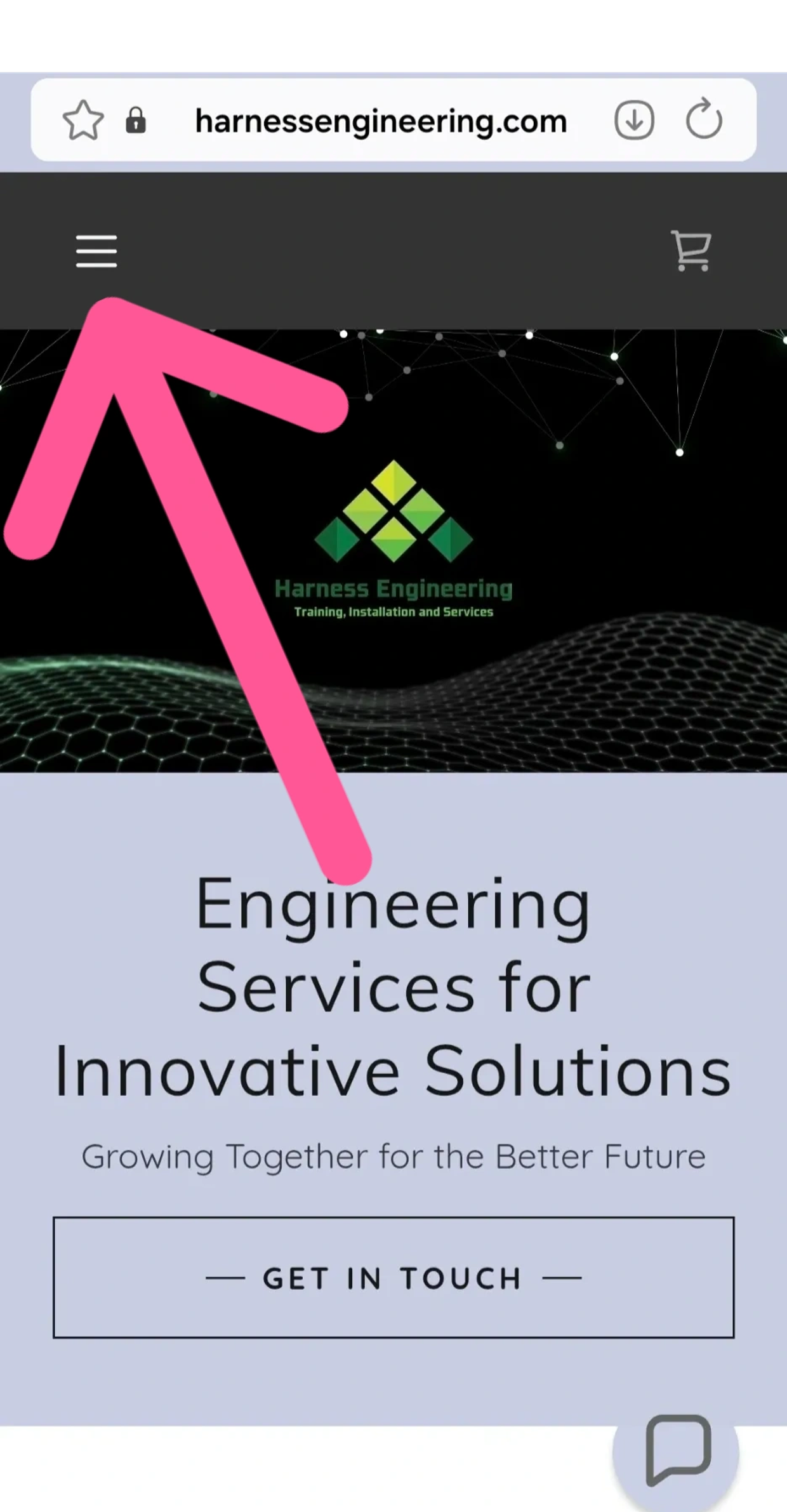 Website homepage for Harness Engineering with an arrow pointing to a menu icon.