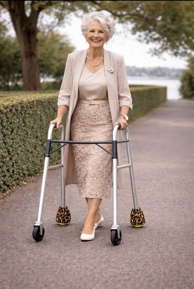 Elegant elderly woman using a walker outdoors, smiling confidently.