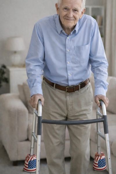 Elderly man using a walker with American flag covers in a cozy living room.
