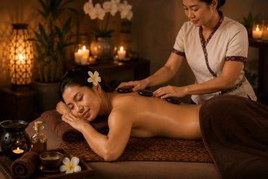 Woman enjoying a hot stone massage in a cozy spa.
