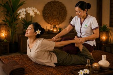 Woman receiving a relaxing yoga massage.