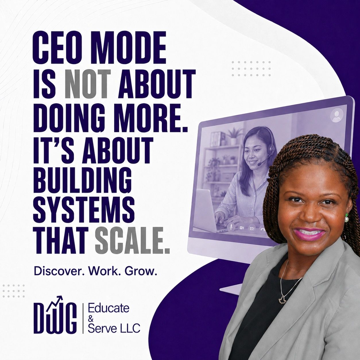 Inspirational CEO quote with smiling woman and virtual meeting background.