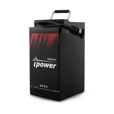 Black lithium battery with red design and handle, labeled 'ipower'.