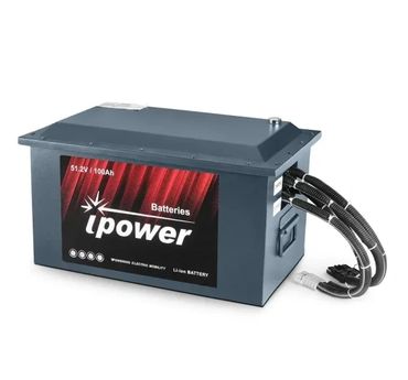 A large gray lithium-ion battery labeled 'ipower' with cables attached.