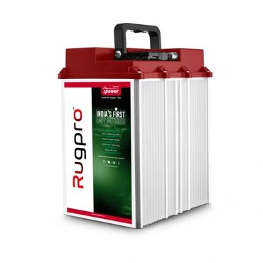 Rugpro battery with red top and white body, featuring a black handle.