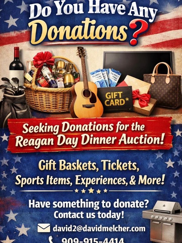 Request for donations for the Reagan Day Dinner Auction featuring gift baskets and more.