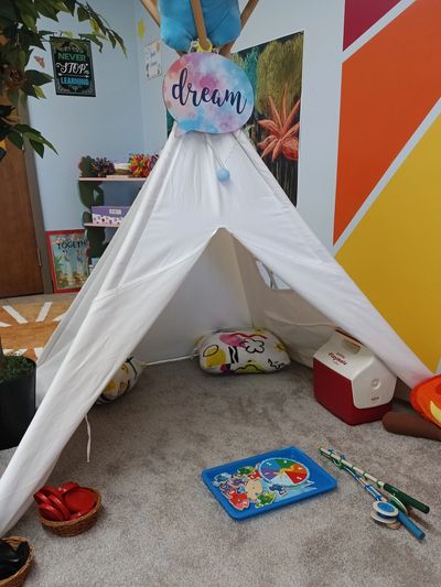 The pretend play camping area at the Art Oasis' ORIGINAL Art Explorers Club in Perkasie, PA