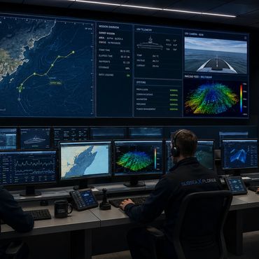 Operators monitor underwater exploration data in a high-tech control room.