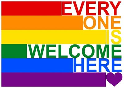 Text: Everyone is welcome here. Set in rainbow pride colours.