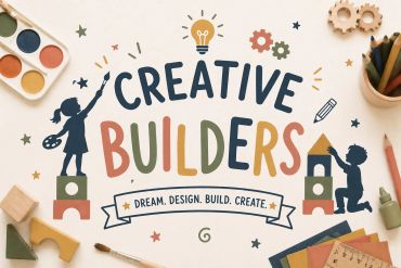 Creative Builders with kids painting and building blocks, inspiring creativity.
