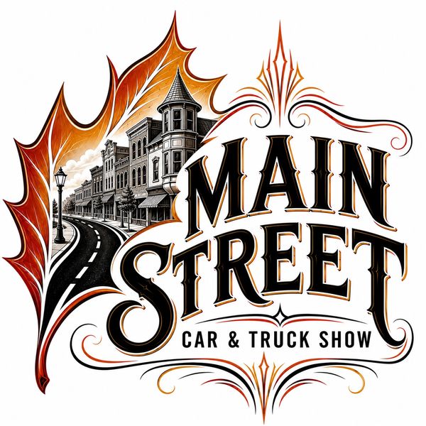 Logo for Main Street Car & Truck Show with a road and buildings inside a leaf.