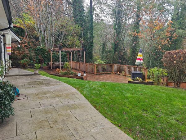 Backyard with lawn and deck surrounded by trees.
