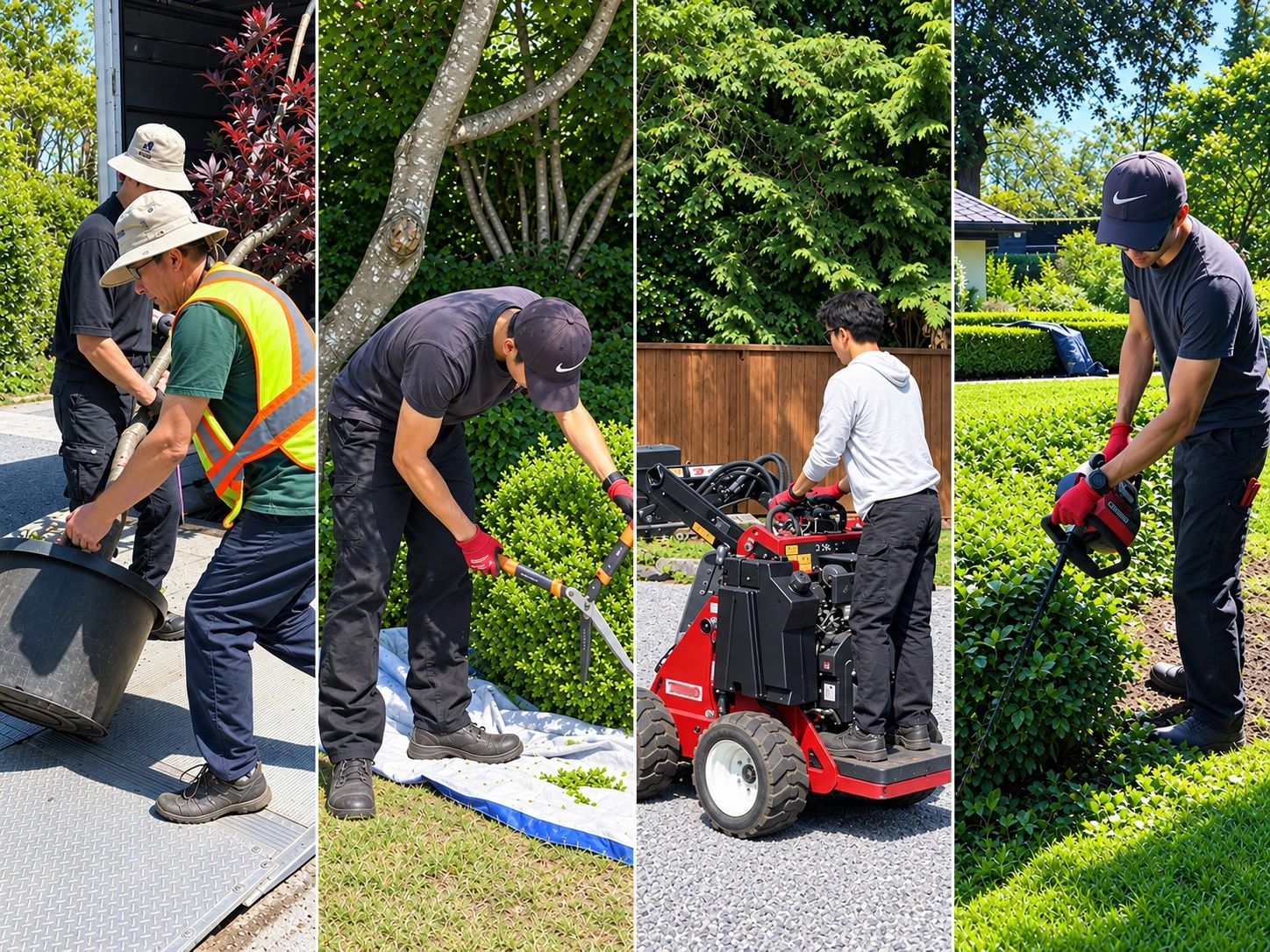 Workers performing various gardening and landscaping tasks outdoors.