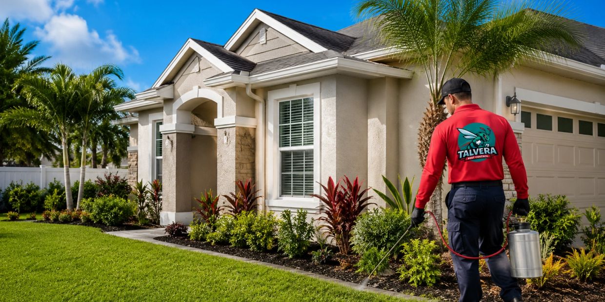 Pest control worker treating plants outside a suburban home.