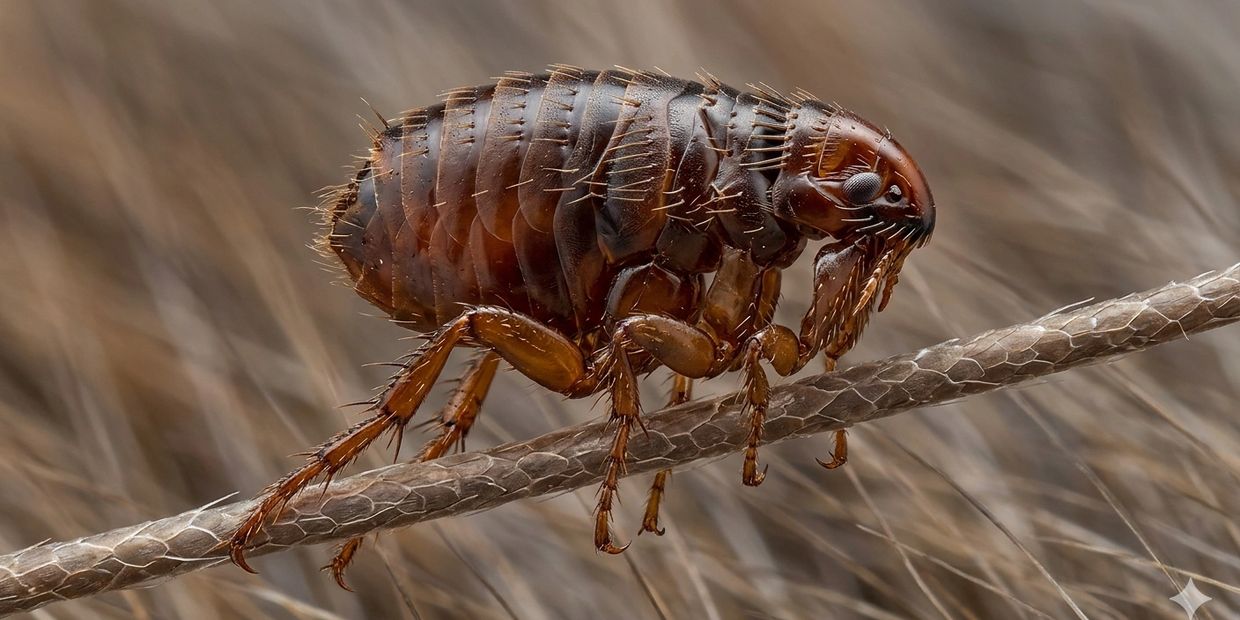 Close-up of a flea on animal hair, showing detailed body segments and legs.
