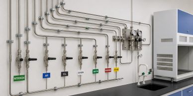 Gas supply lines labeled in a lab setup.