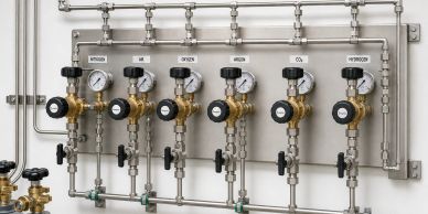 Industrial gas control valves with pressure gauges.