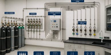 Industrial gas cylinder setup with labeled regulators and outlets.
