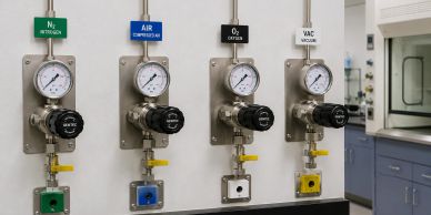Four medical gas regulators labeled Nitrogen, Air, Oxygen, and Vacuum.