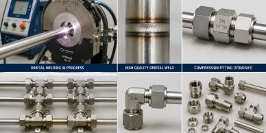 Orbital welding and stainless steel compression fittings.